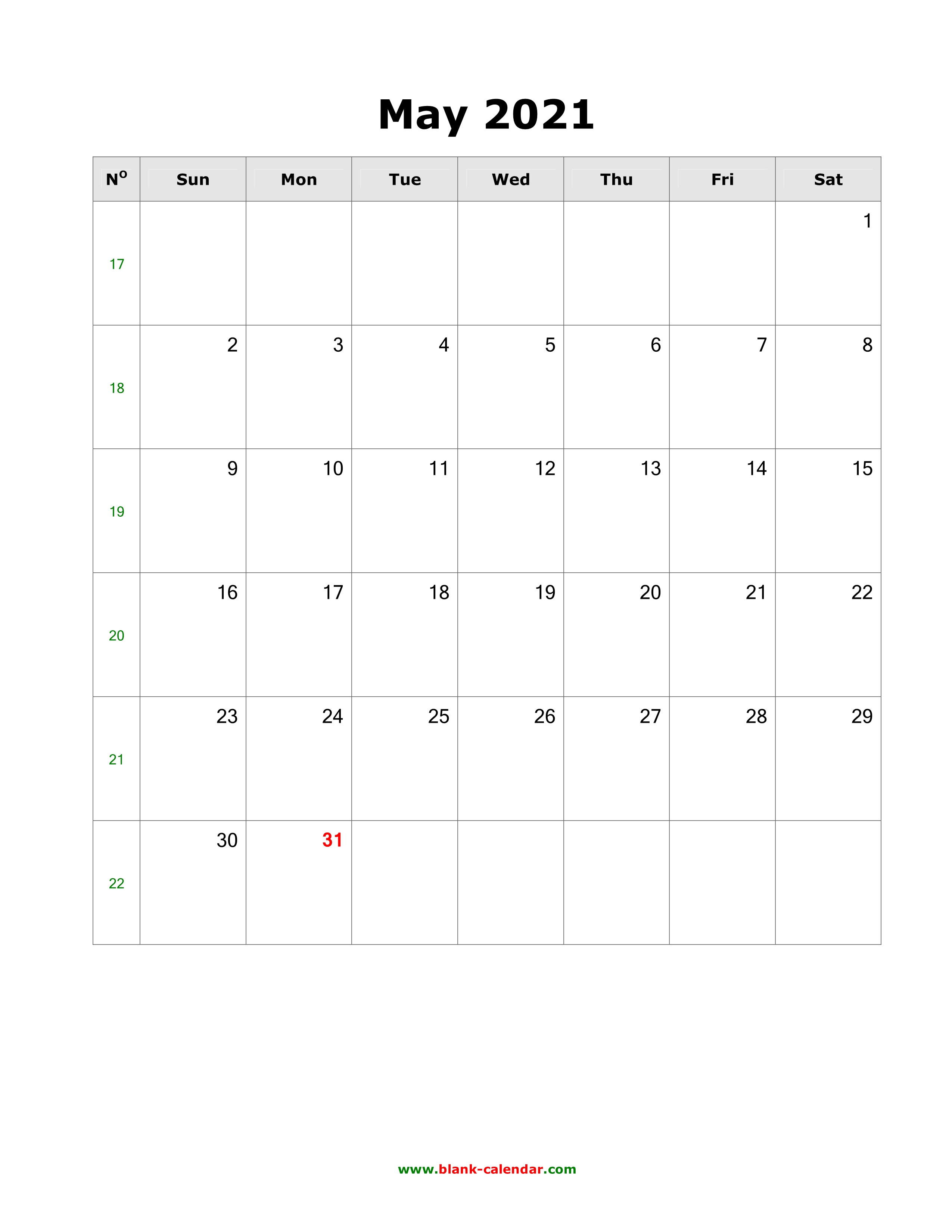 May 2021 Calendar Printable Vertical