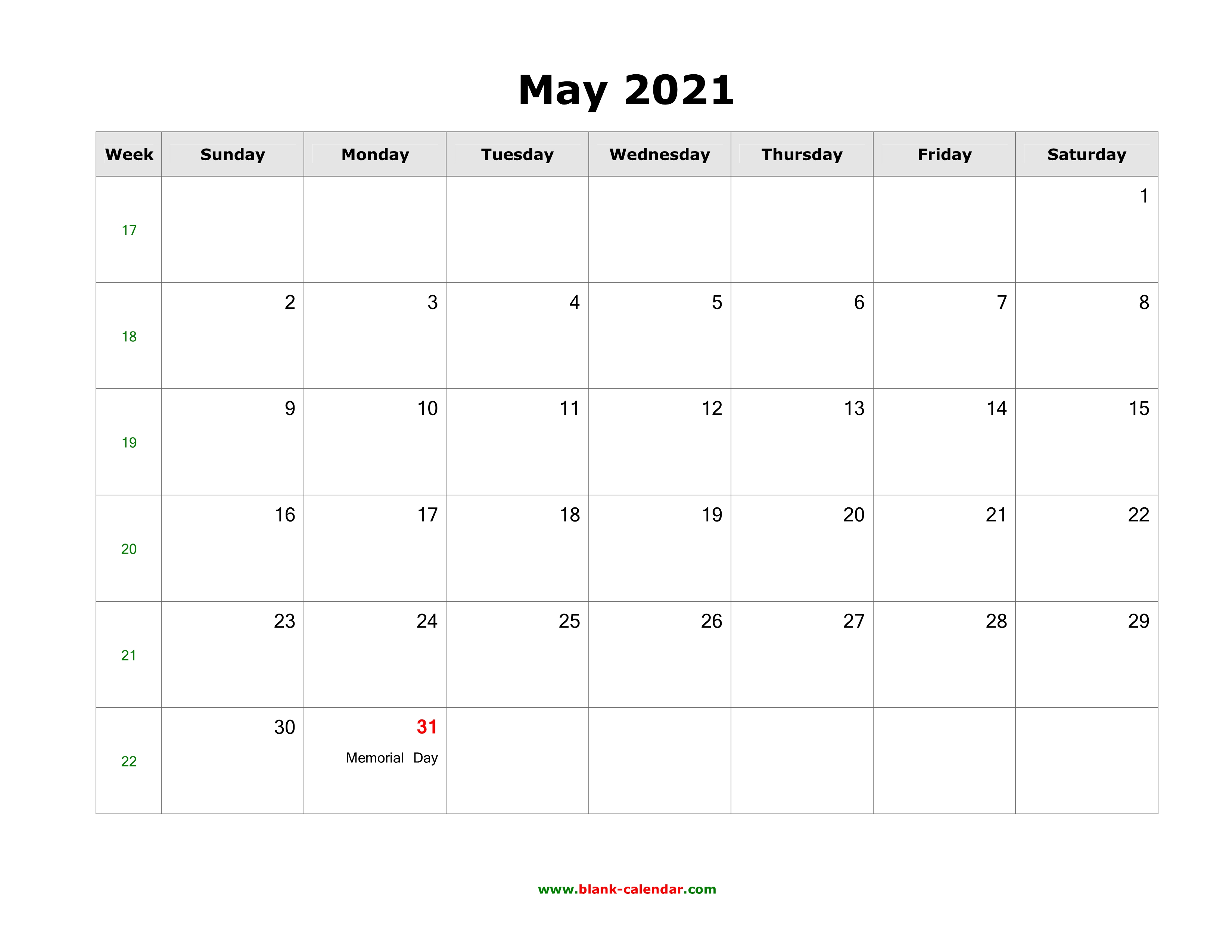 Download May 2021 Blank Calendar With Us Holidays Horizontal