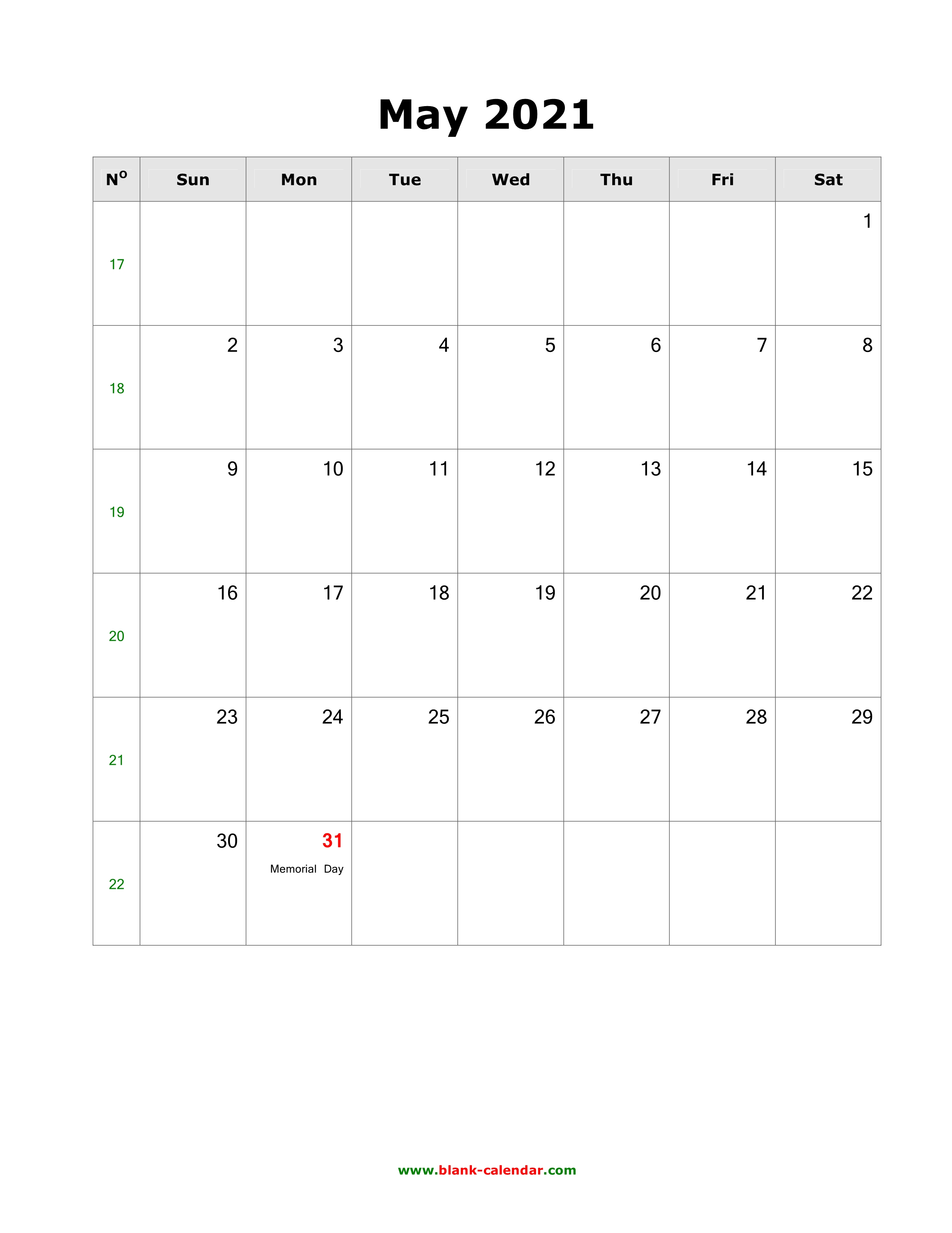 Download May 2021 Blank Calendar With Us Holidays Vertical