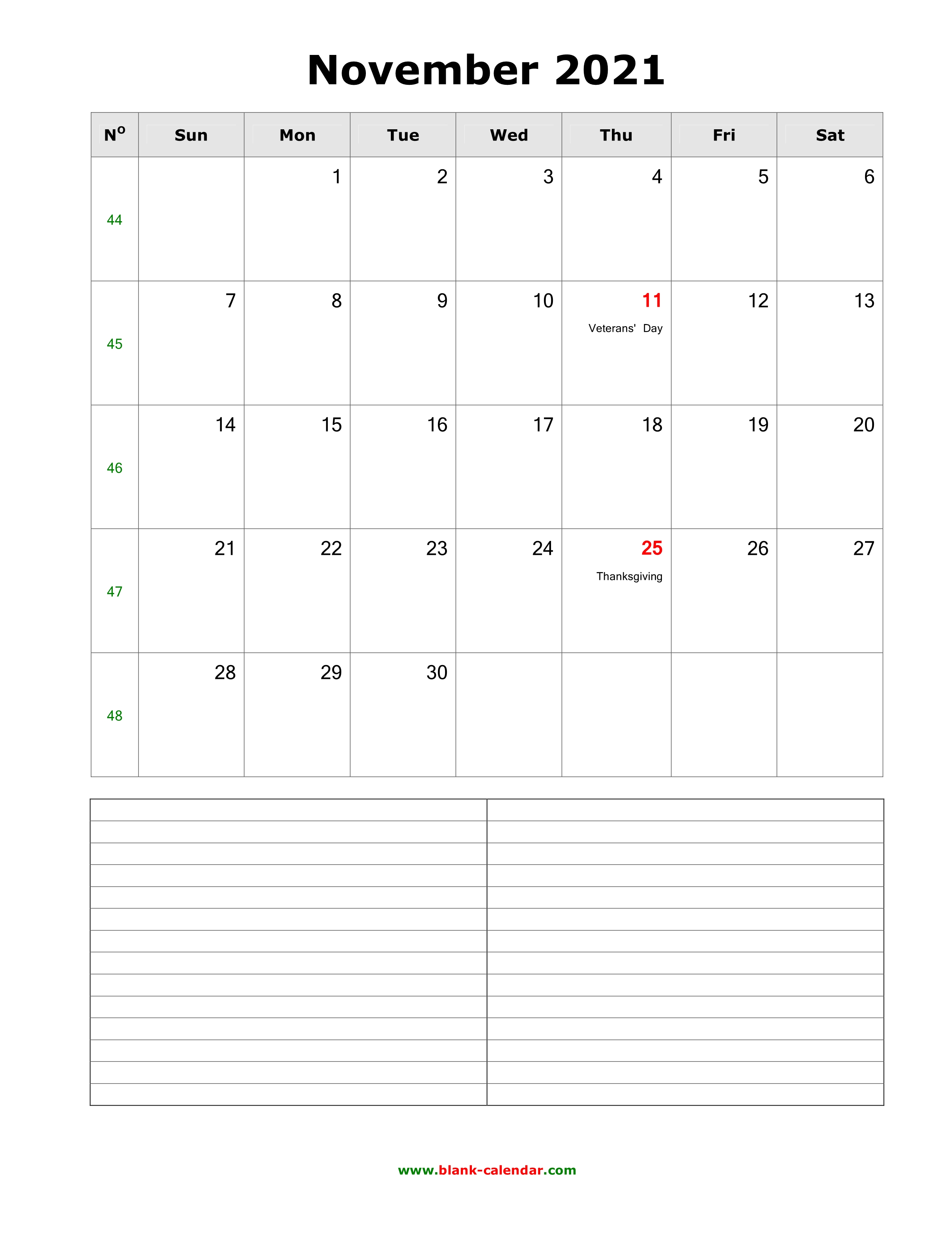 Download November 2021 Blank Calendar With Space For Notes Vertical
