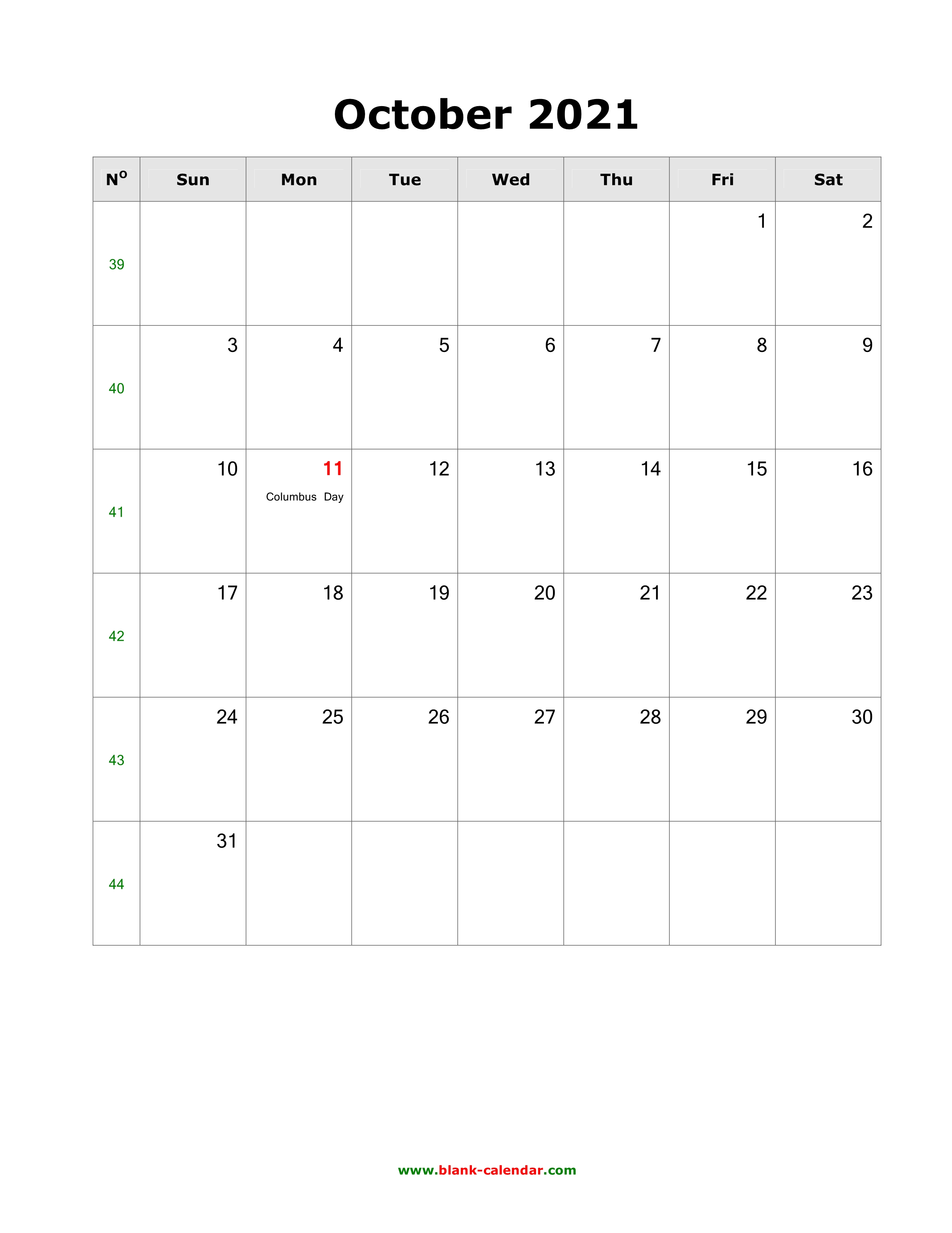 Download October 2021 Blank Calendar with US Holidays (vertical)