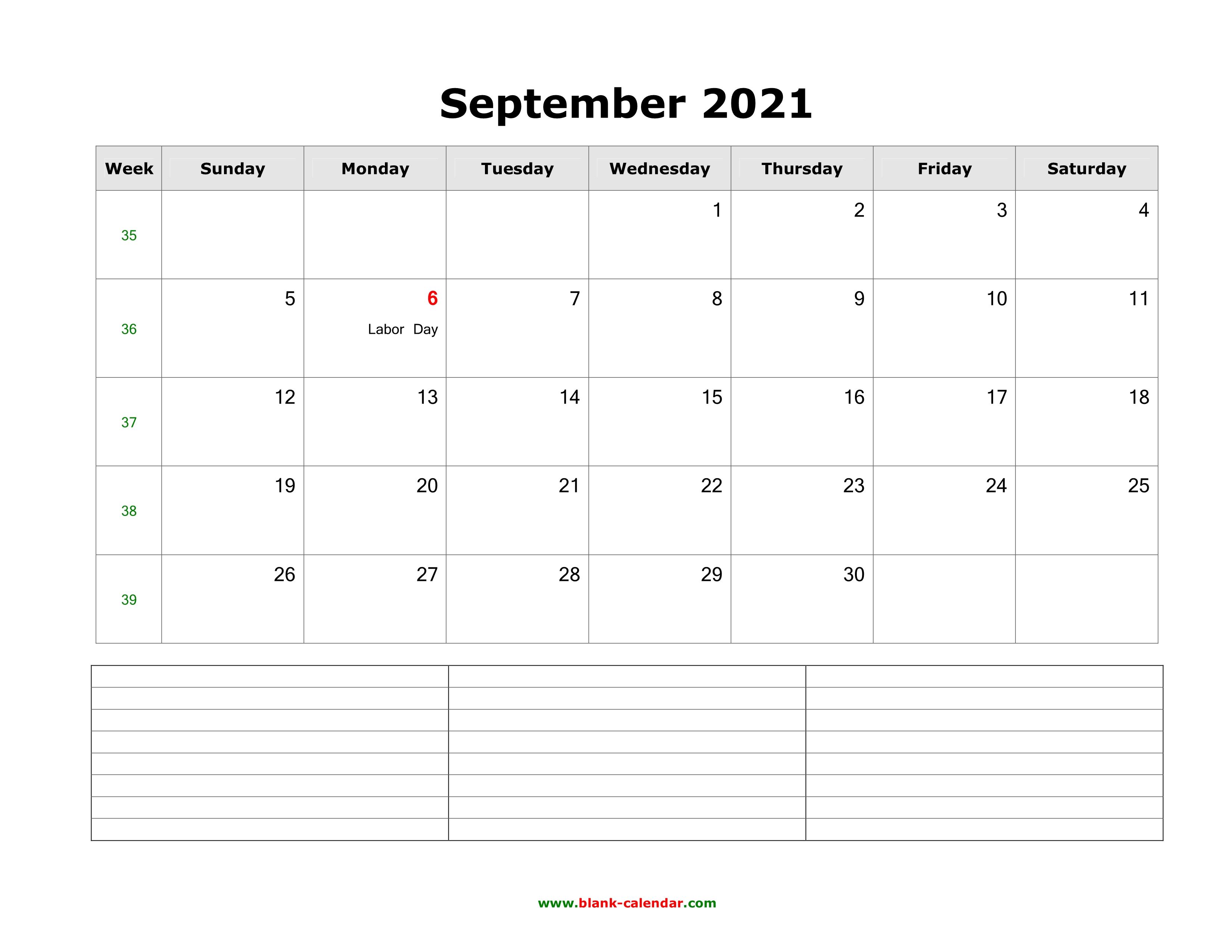 Download September 2021 Blank Calendar With Space For Notes Horizontal