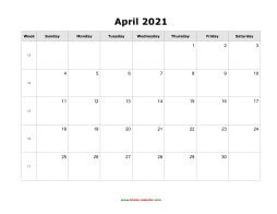 April 2021 Blank Calendar (horizontal)