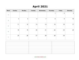 blank april calendar 2021 with notes landscape