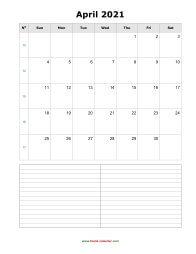 April 2021 Blank Calendar (vertical, space for notes)