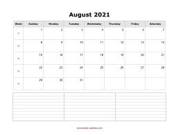blank august calendar 2021 with notes landscape