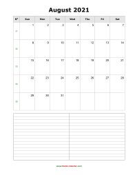 August 2021 Blank Calendar (vertical, space for notes)