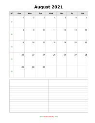 August 2021 Blank Calendar (vertical, space for notes)