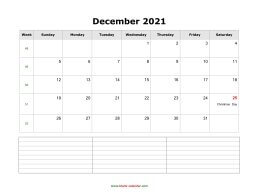 blank december calendar 2021 with notes landscape