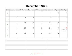 December 2021 Blank Calendar (horizontal, space for notes)