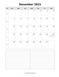 December 2021 Blank Calendar (vertical, space for notes)