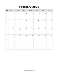 blank february holidays calendar 2021 portrait