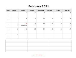blank february calendar 2021 with notes landscape