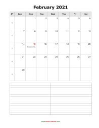 February 2021 Blank Calendar (vertical, space for notes)