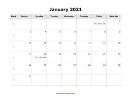 blank january holidays calendar 2021 landscape