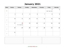 blank january calendar 2021 with notes landscape
