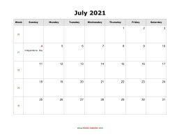 July 2021 Blank Calendar with US Holidays (horizontal)