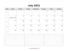 July 2021 Blank Calendar (horizontal, space for notes)