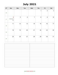 July 2021 Blank Calendar (vertical, space for notes)