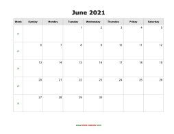 June 2021 Blank Calendar with US Holidays (horizontal)