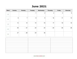 blank june calendar 2021 with notes landscape