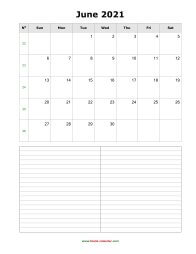 June 2021 Blank Calendar (vertical, space for notes)