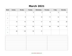 blank march calendar 2021 with notes landscape