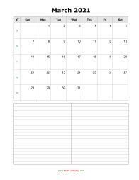 March 2021 Blank Calendar (vertical, space for notes)