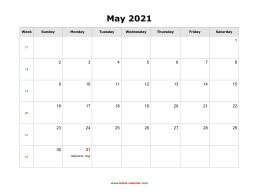 May 2021 Blank Calendar with US Holidays (horizontal)