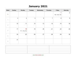 blank monthly calendar 2021 with notes landscape
