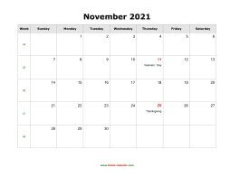 November 2021 Blank Calendar with US Holidays (horizontal)