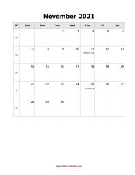 blank november holidays calendar 2021 portrait