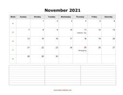 blank november calendar 2021 with notes landscape