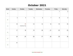 October 2021 Blank Calendar with US Holidays (horizontal)