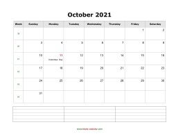October 2021 Blank Calendar (horizontal, space for notes)