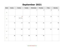 September 2021 Blank Calendar with US Holidays (horizontal)