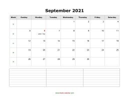 September 2021 Blank Calendar (horizontal, space for notes)