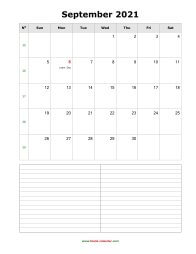 September 2021 Blank Calendar (vertical, space for notes)