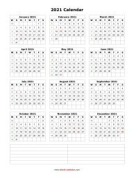 Blank Calendar 2021 (one page, vertical, space for notes)