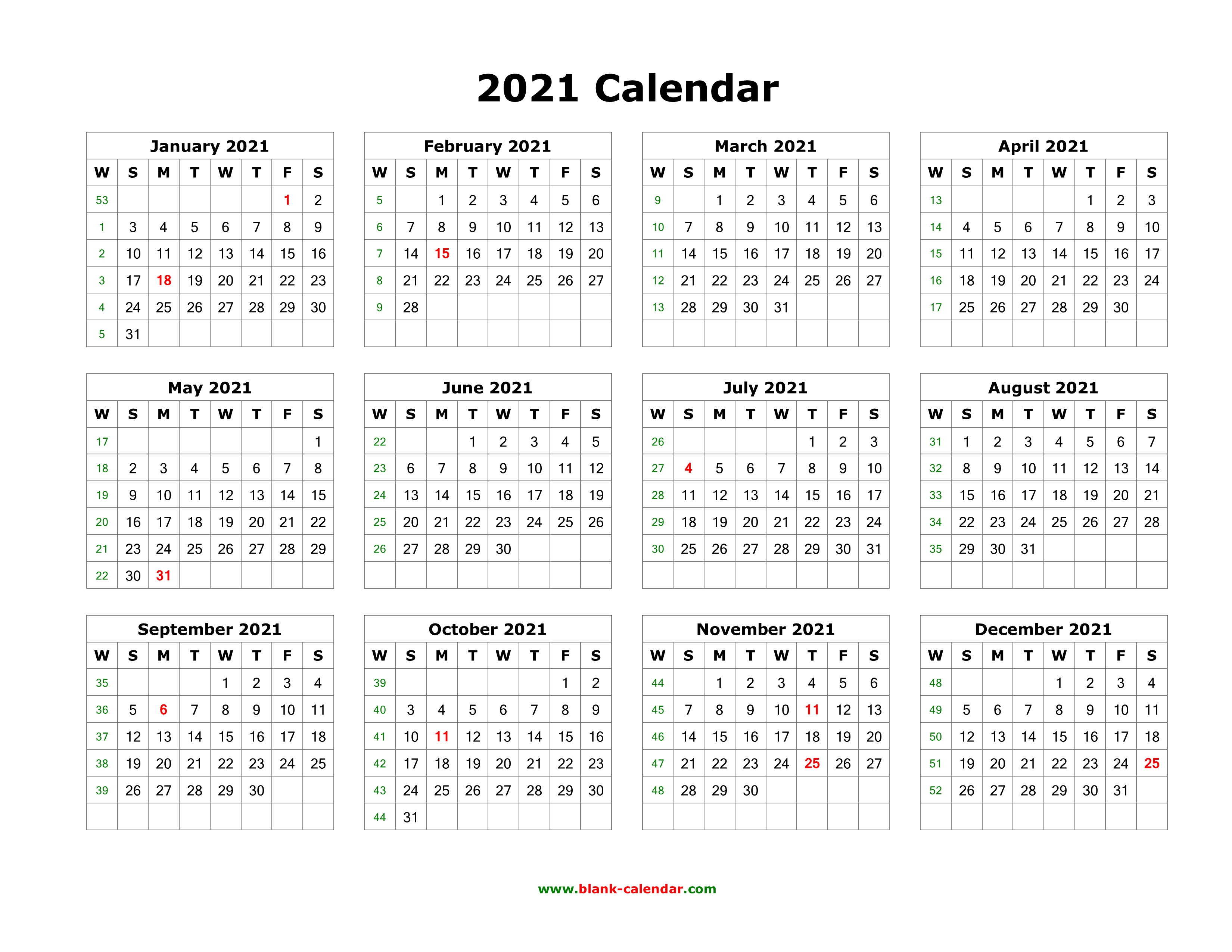 Download Blank Calendar 2021 12 Months On One Page Horizontal