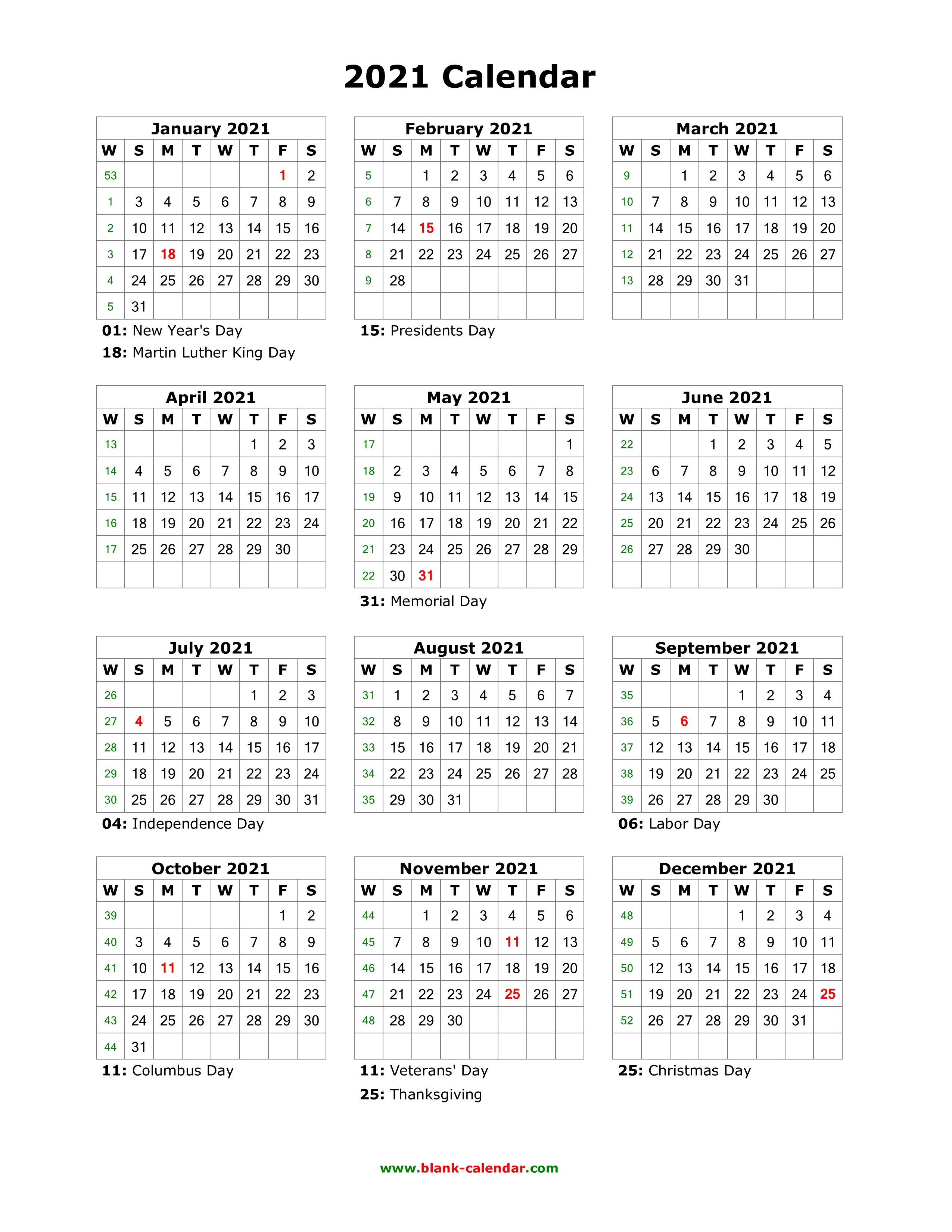 12 month 2021 calendar with holidays usa Download Blank Calendar 2021 With Us Holidays 12 Months On One Page Vertical 12 month 2021 calendar with holidays usa