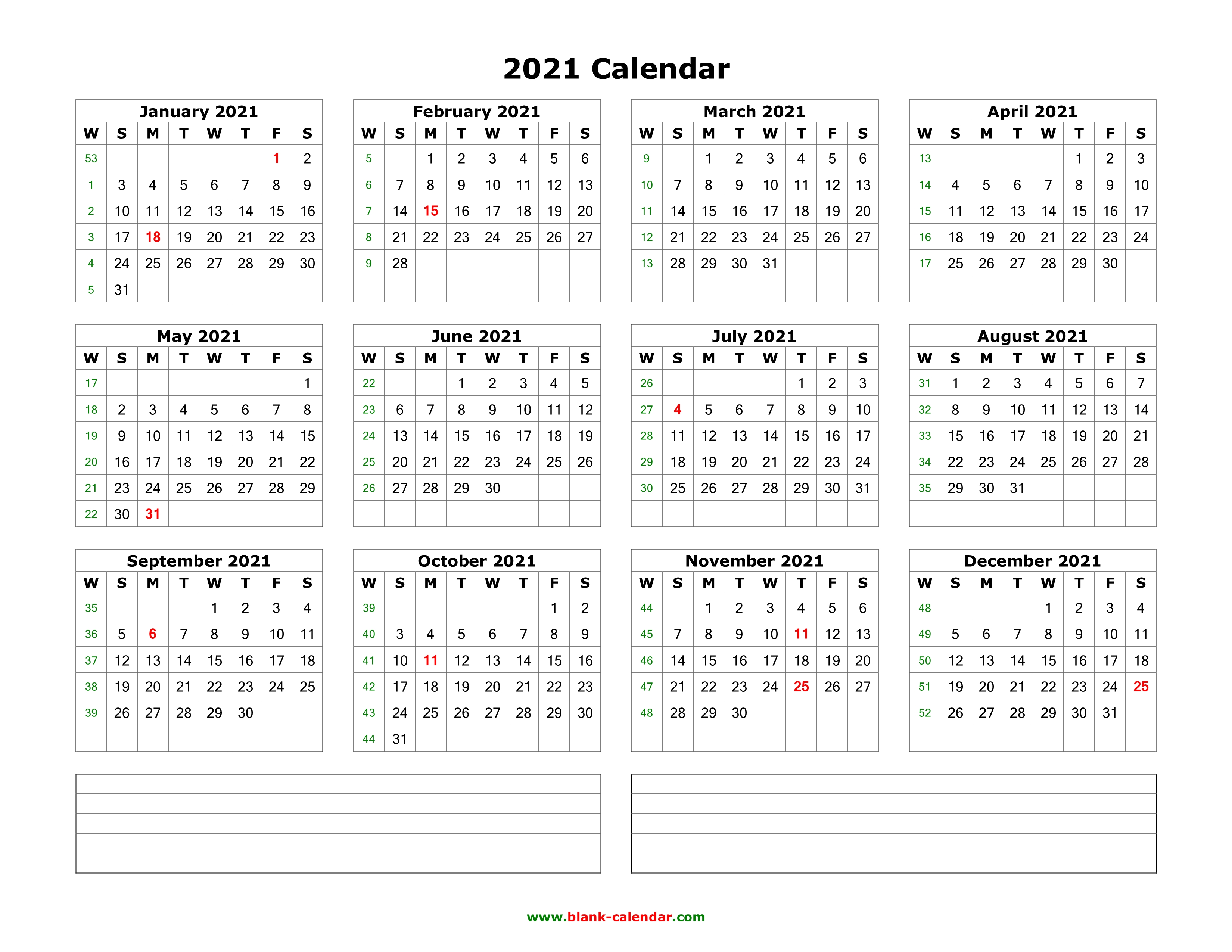 calendar with notes 2021 Download Blank Calendar 2021 With Space For Notes 12 Months On One Page Horizontal calendar with notes 2021