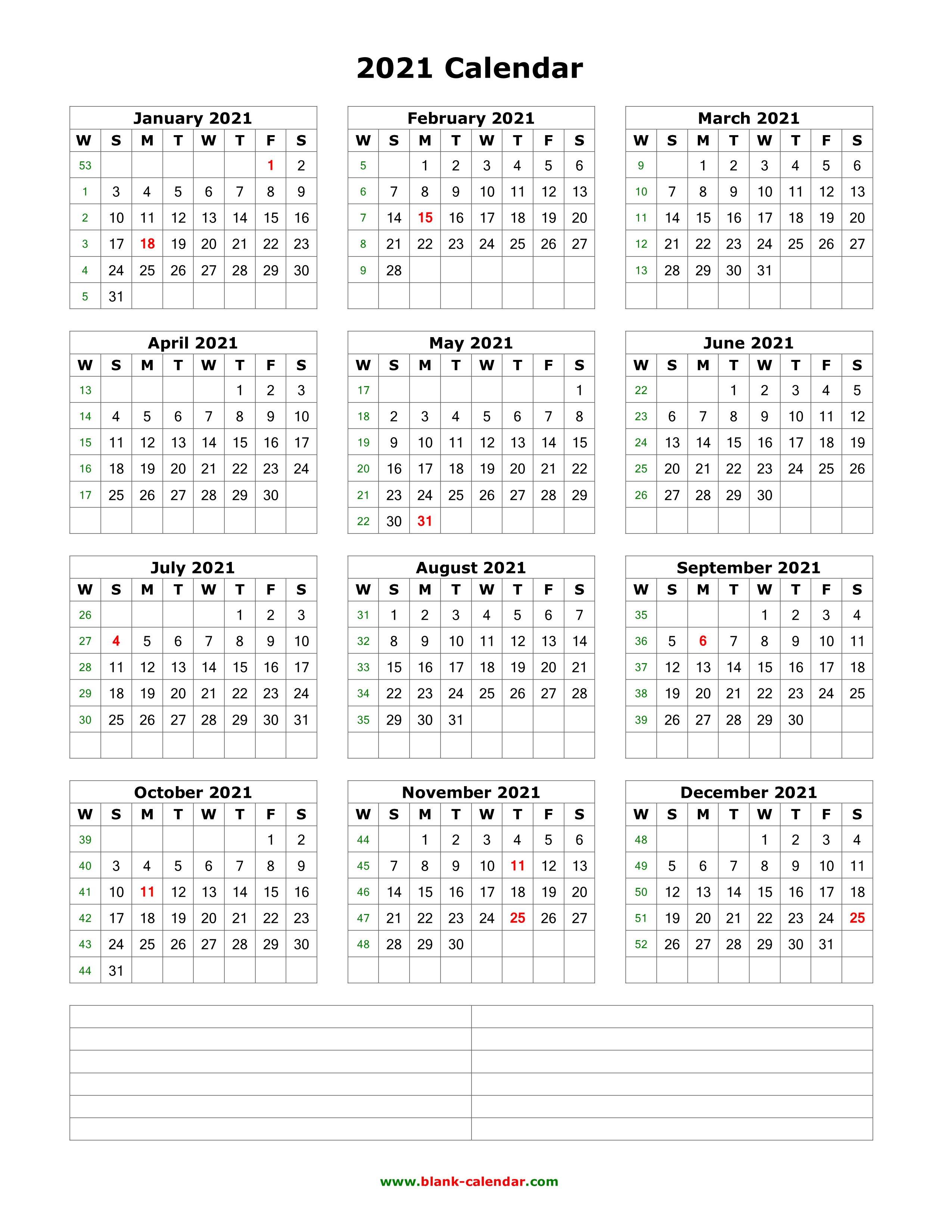 2021 Yearly Calendar Printable One Page