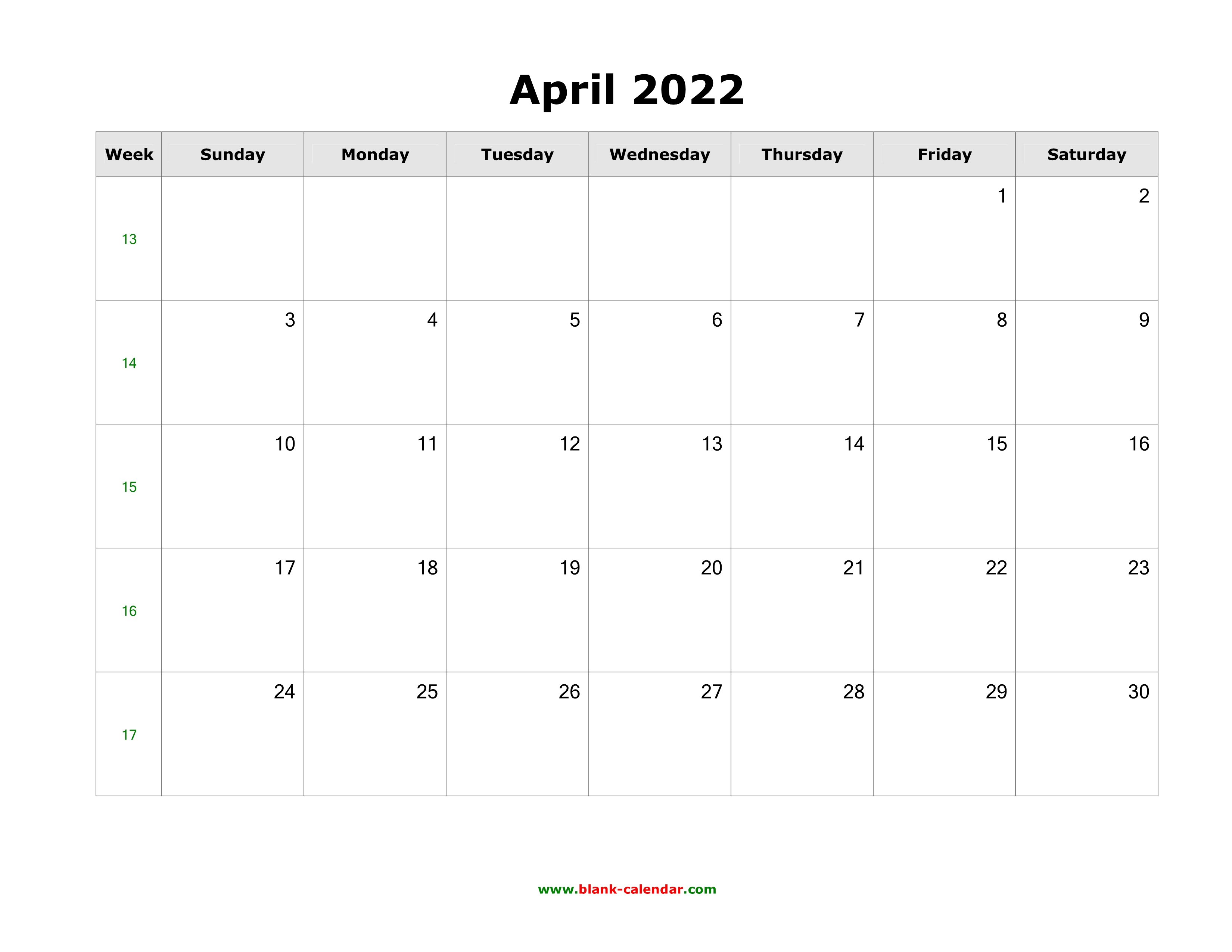 Download April 2022 Blank Calendar With Us Holidays Horizontal