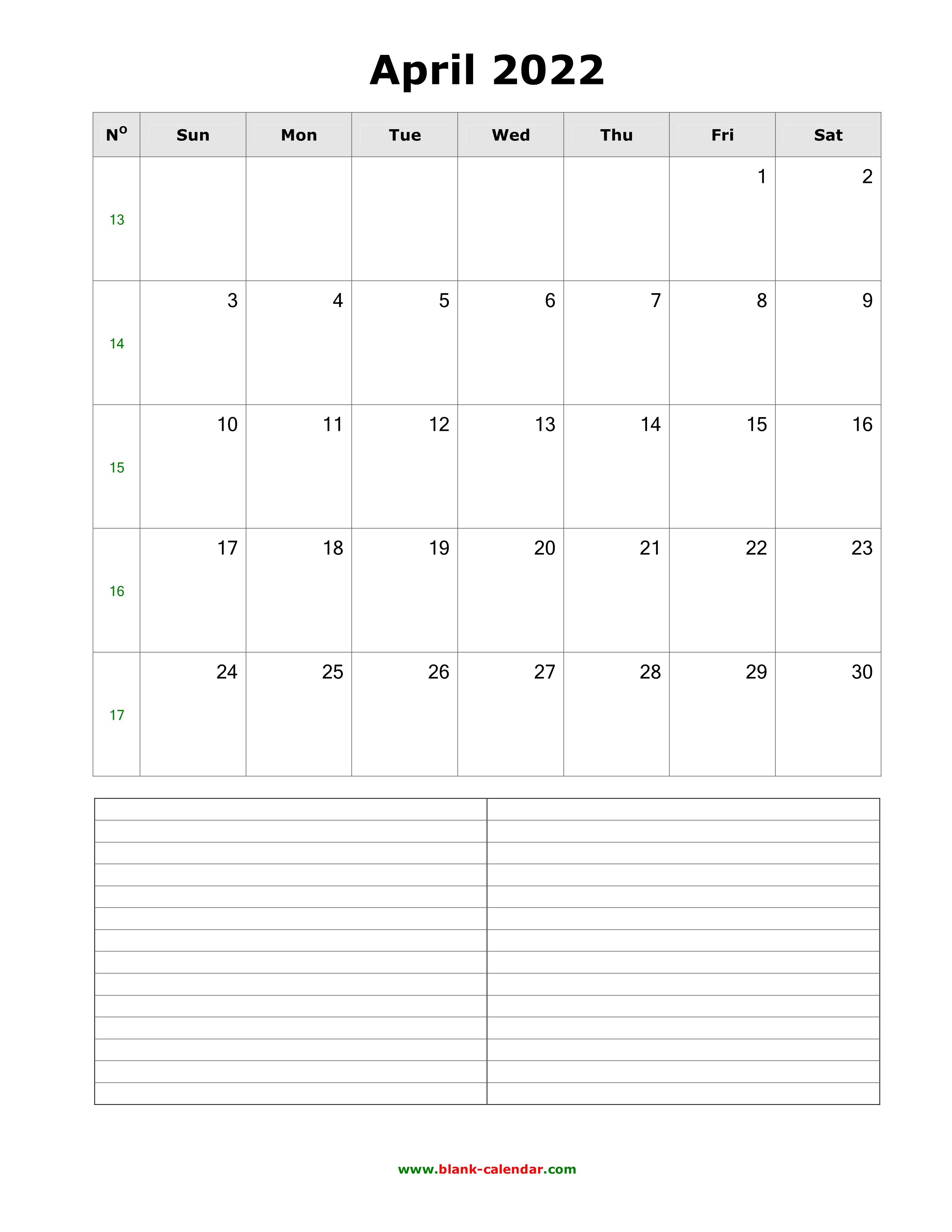 Download April 2022 Blank Calendar With Space For Notes (Vertical)