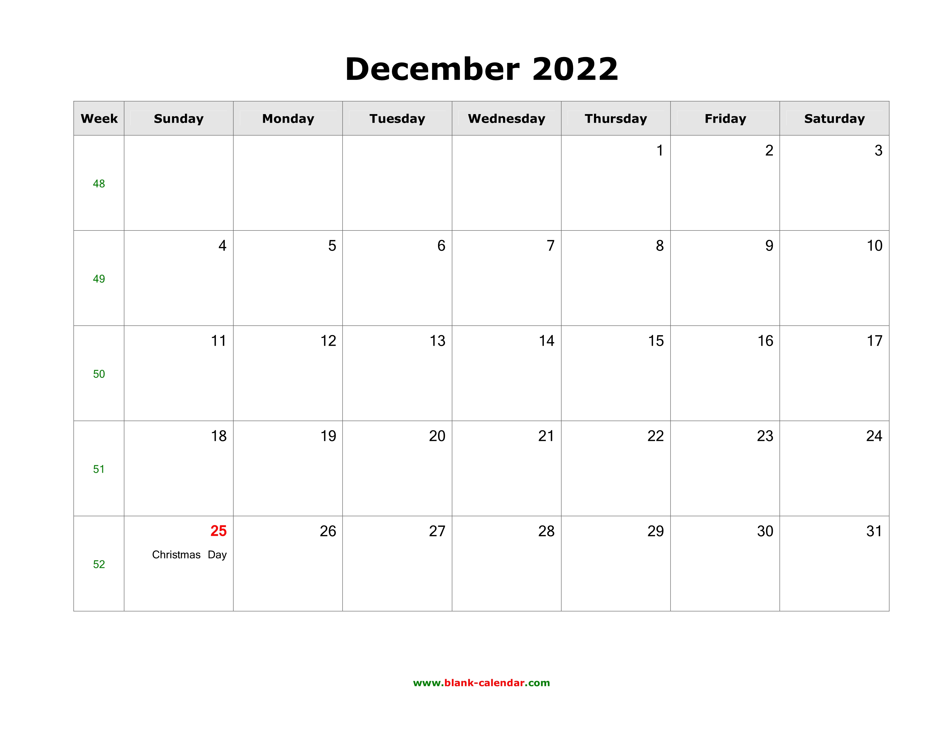 Printable Calendar December 2022 Landscape December 2022 Blank Calendar | Free Download Calendar Templates