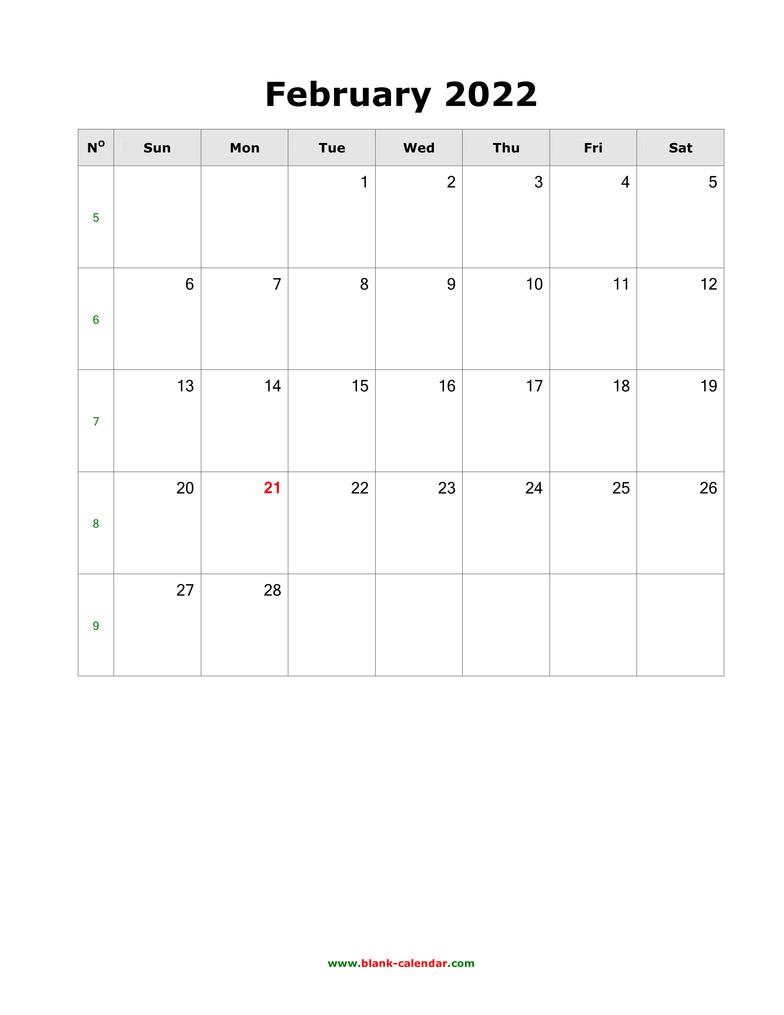 February 2022 Calendar Vertical Download February 2022 Blank Calendar (Vertical)