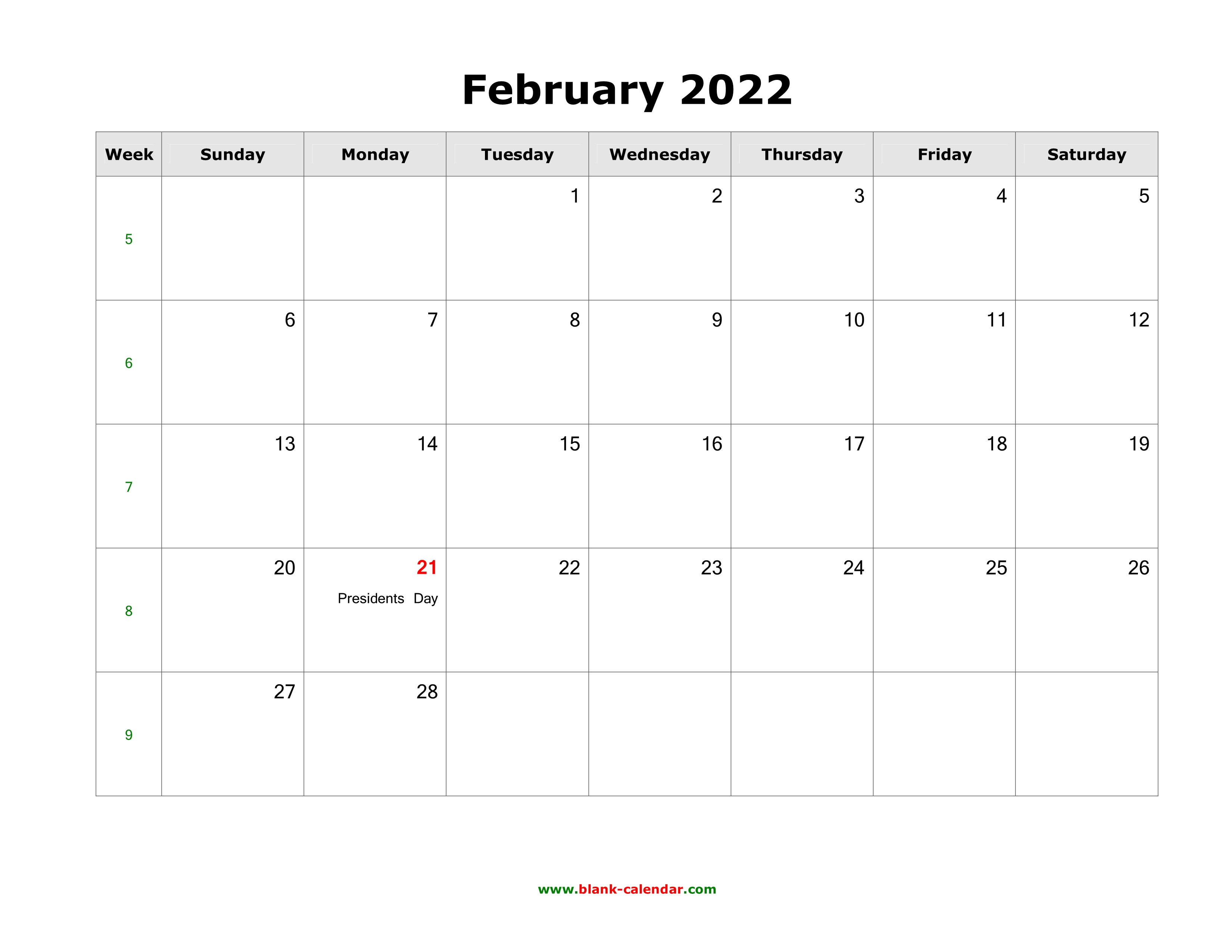 February 2022 Calendar Printable Landscape