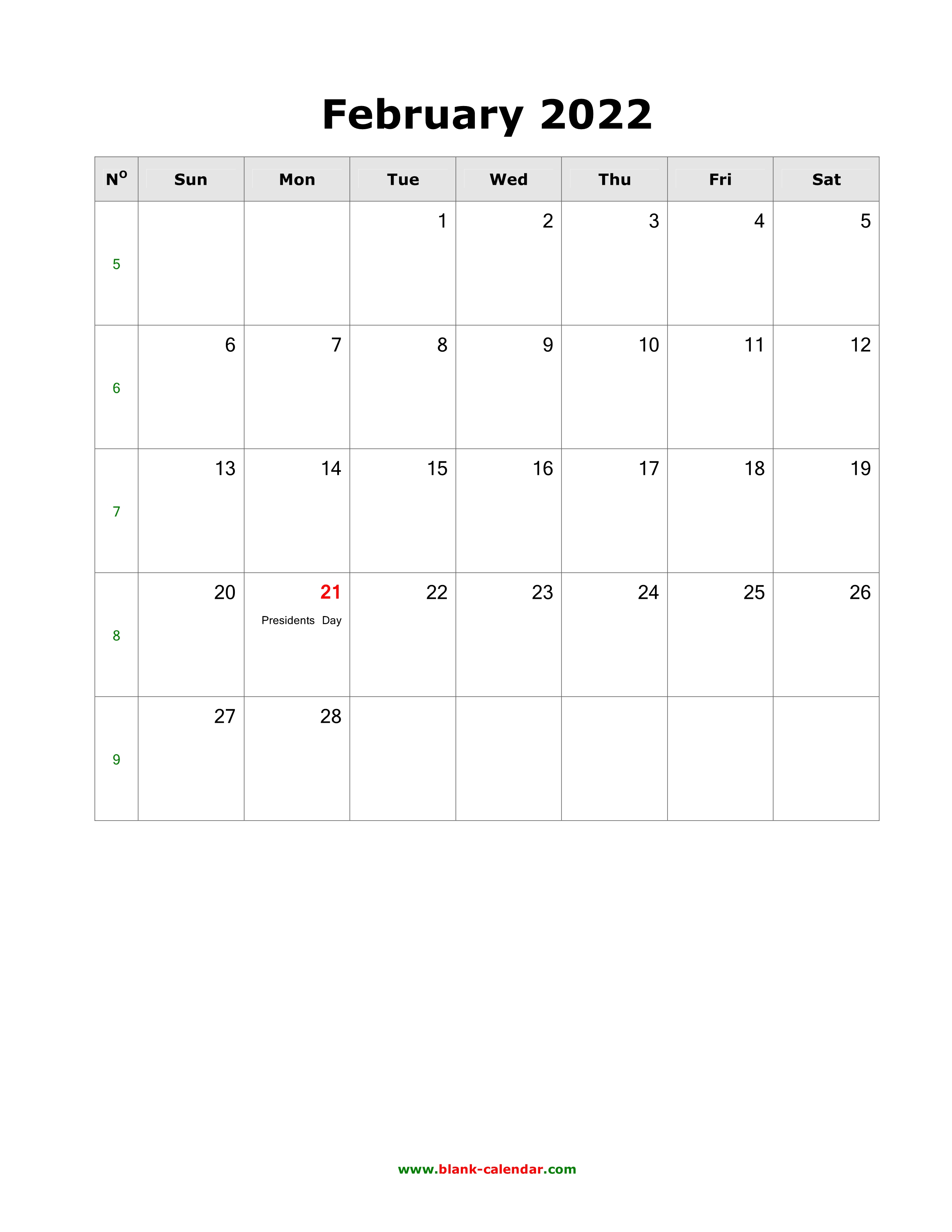 February 2022 Calendar Holidays Download February 2022 Blank Calendar With Us Holidays (Vertical)