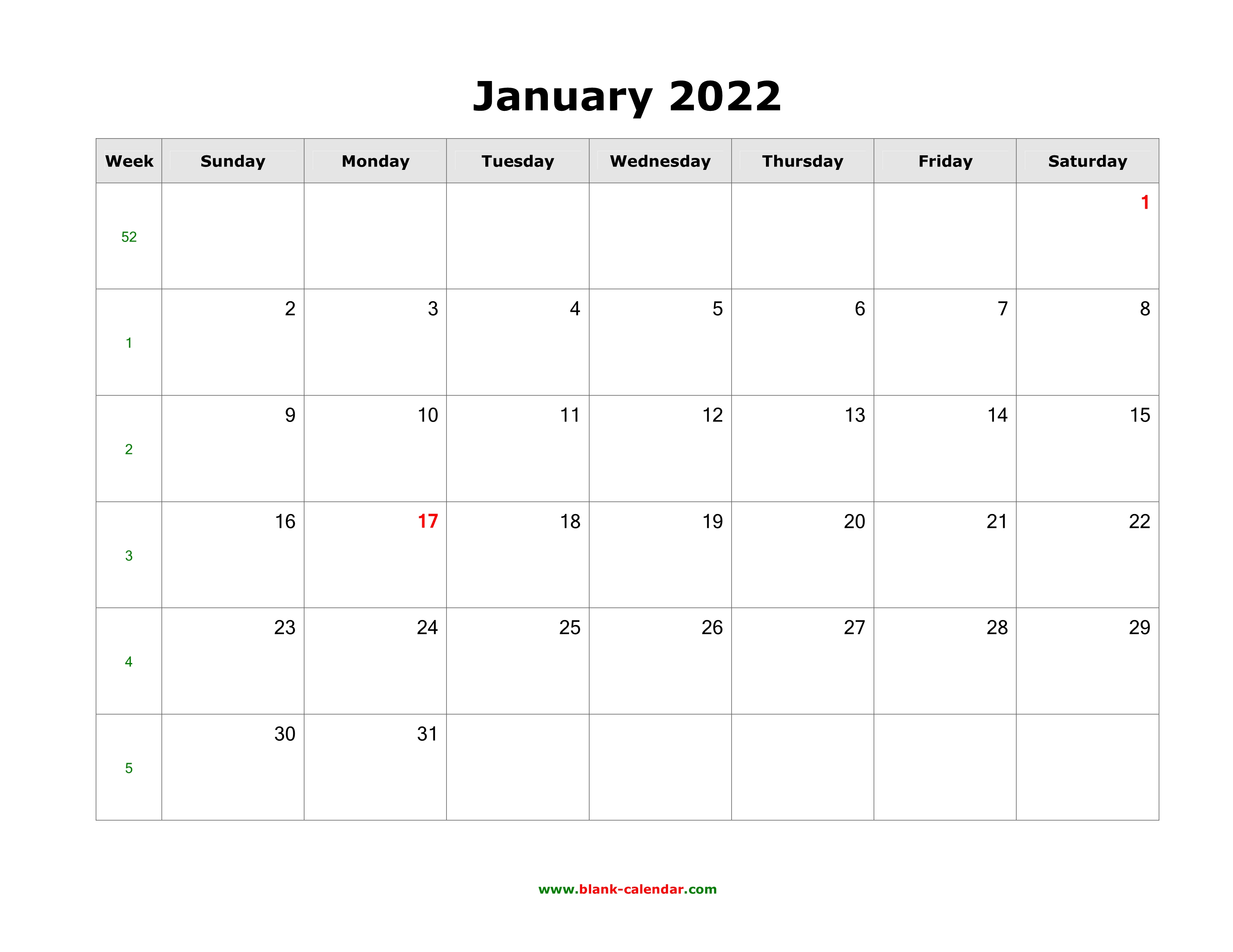 Download January 2022 Blank Calendar (Horizontal)